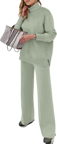 ANRABESS Womens 2 Piece Outfits Turtleneck Matching Lounge Set Sweater Top Wide Leg Pants Fall Cozy Knit Sweatsuit Loungewear