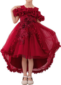 Girl's Princess Dress, Birthday Party, Pageant Gown - Ruffle Tulle Satin Princess Dresses with Kids Train