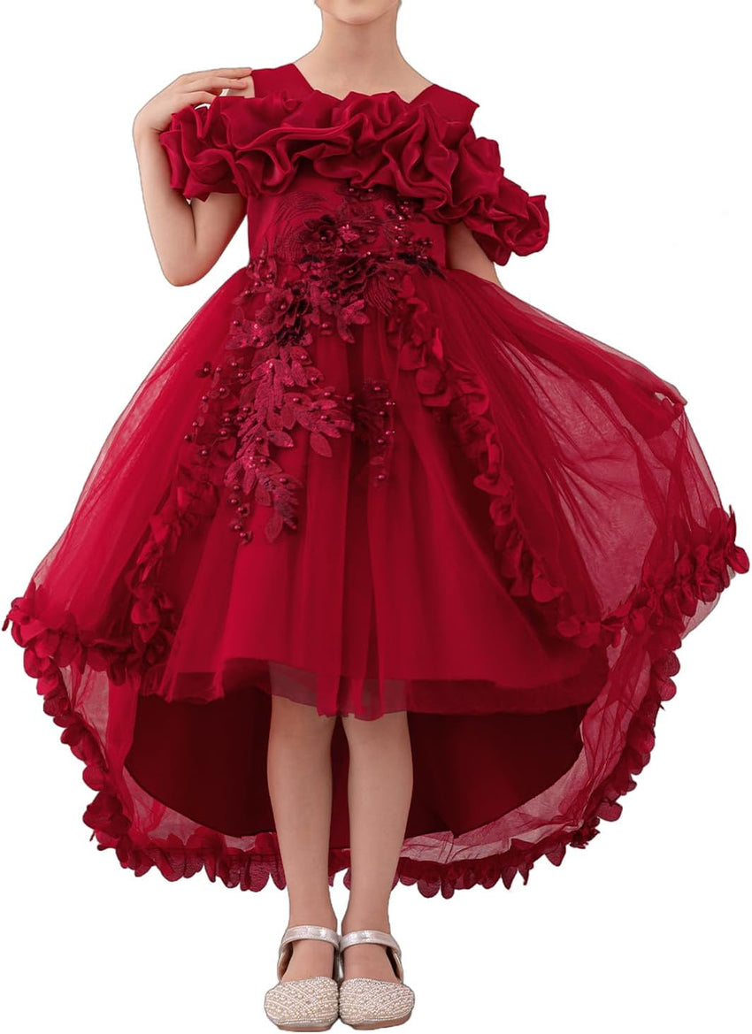 Girl's Princess Dress, Birthday Party, Pageant Gown - Ruffle Tulle Satin Princess Dresses with Kids Train