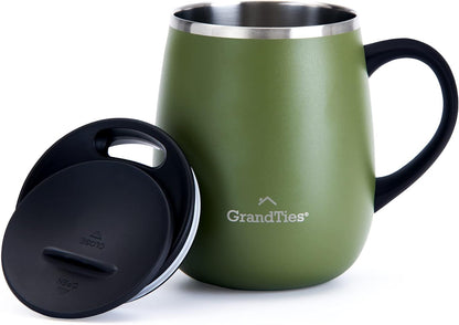 GRANDTIES Insulated Coffee Mug with Handle–Sliding Lid for Splash-Proof 16oz Wine-Glass Shape Thermal Tumbler with Double Walled Vacuum Stainless Steel to Keeps Beverages Hot or Cold-Cognac Metallic