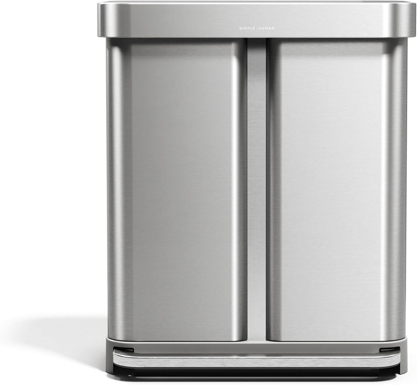 simplehuman 58 Liter / 15.3 Gallon Rectangular Hands-Free Dual Compartment Recycling Kitchen Step Trash Can with Soft-Close Lid, Brushed Stainless Steel