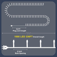 RPGT Christmas Light 1000 LEDs 336ft Green Cable Wire Fairy String Tree Twinkle Lights Plug in 12 Modes for, Outdoor, Garden, Wedding, Christmas Party, Home Decoration (Warm White)
