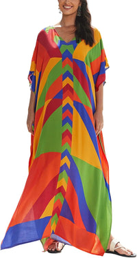 Women's Plus Size Loose Fit Moroccan Print V-Neck Batwing Kaftan Beach Dress Bathing Suit Cover Up