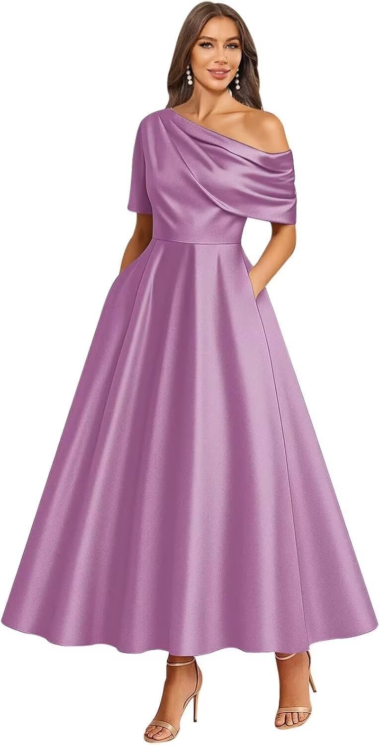 Tea Length Mother of Bride Dresses for Women Satin One Shoulder Wedding Guest Dress Formal Evening Party Gown with Pocket