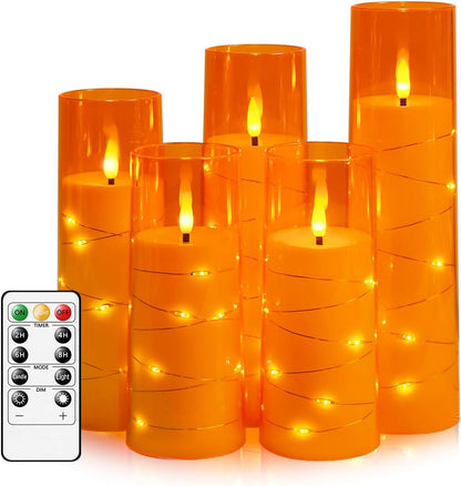 Flameless LED Candles with Timer 5 Pc Flickering Flameless Candles for Romantic Ambiance and Home Decoration Stable Acrylic Shell,with Embedded Star String，Battery Operated Candles（Red）