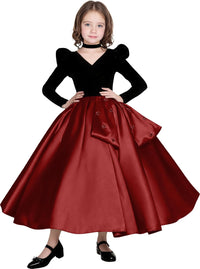 Long Sleeve Velvet Flower Girl Dresses A Line Crystal Satin Formal Dresses for Christmas