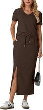 GRECERELLE Women Summer Casual 2 Piece Sets V-Neck Wrinkle-Free Top & Elastic Waist Midi Side Slit Skirt with Pockets(XS-3XL)
