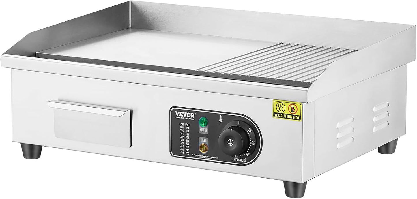 VEVOR Commercial Electric Griddle, 1600W Countertop Half-Flat Top Grill, 22in Stainless Steel Griddle Grill with 2 Shovels and 2 Brushes for Home or Restaurant, 122℉-572℉ Adjustable Temp