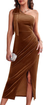 Wenrine Women's One Shoulder Velvet Dresses Slim Fitted Slit Faux Wrap Sexy Bodycon Evening Dress