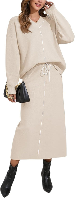 Pink Queen 2025 Women's 2 Piece Sweater Set V Neck Rib Knit Long Sleeve Maxi Bodycon Skirt Casual Outfits