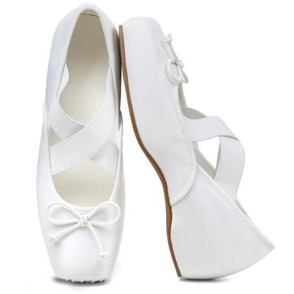 Women's Ballet Flats Square Toe Criss Cross Straps with Bow Low Wedge Shoes