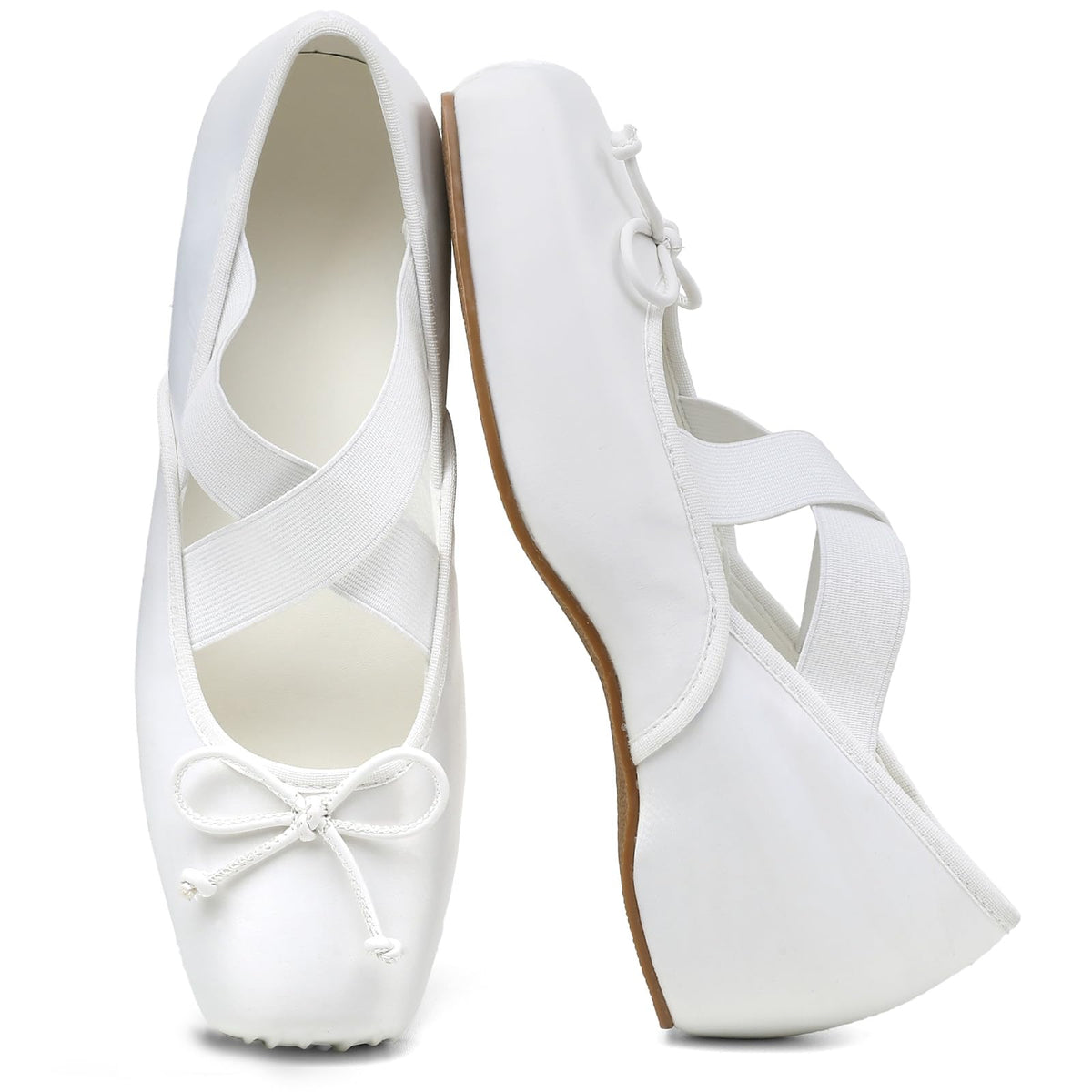 Women's Ballet Flats Square Toe Criss Cross Straps with Bow Low Wedge Shoes