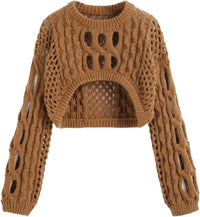 CIDER Cropped Sweaters for Women Knit Round Neckline Hollow Out Long Sleeve Crop Top Sweaters