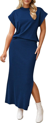 Pink Queen Women's 2 Piece Sweater Outfits Set Summer Cap Sleeve Tops Bodycon Maxi Long Skirt Knit Dresses