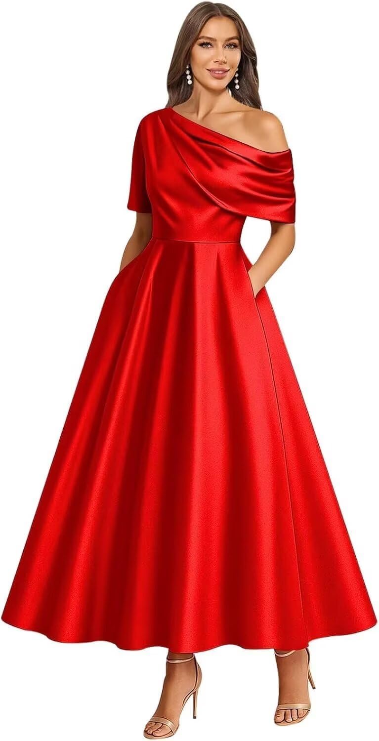 Tea Length Mother of Bride Dresses for Women Satin One Shoulder Wedding Guest Dress Formal Evening Party Gown with Pocket