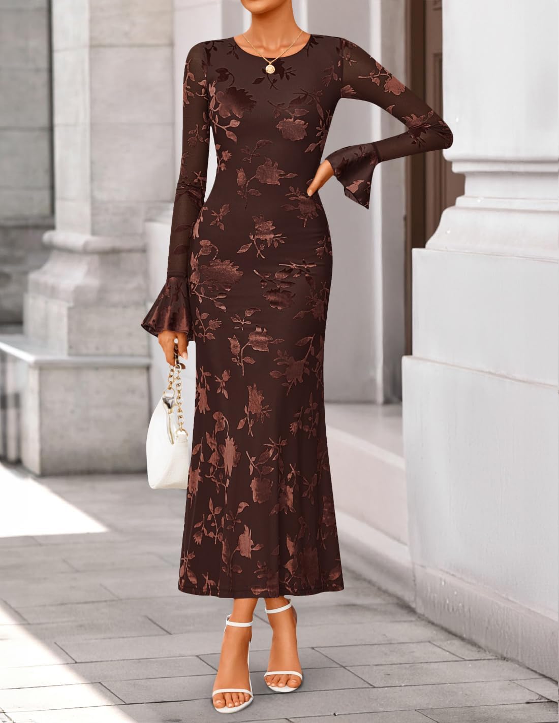 ZESICA Women's 2025 Bell Long Sleeve Floral Maxi Dress Fall Fashion Bodycon Mesh Wedding Guest Cocktail Party Dresses