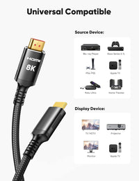 Snowkids 8K HDMI 2.1 Cable 1.5 ft, Non-Slip Nylon Braided, 48Gbps Ultra High-Speed HDMI Cables Cord, 10K 8K@60Hz, 4K@120Hz Compatible for TV/PS-5/X-box/Projector/Sound System & More