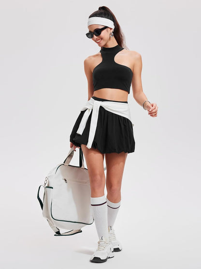 Airfree 2 Piece Sets for Women Tennis Skirt Set Mock Neck Sports Bra Irregular Crop Tank Bubble Skirt Outfits Set