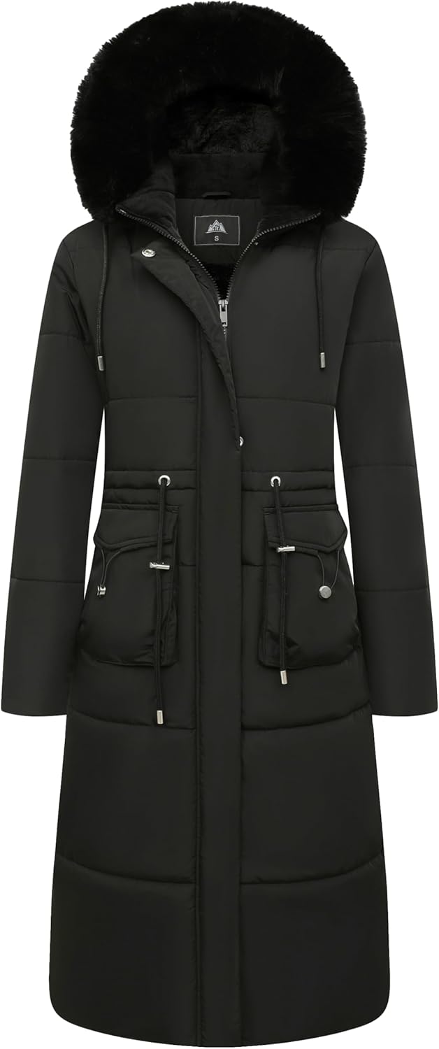 MOERDENG Women's Long Winter Puffer Coat Waterproof Warm Maxi Down Jacket Faux Fur Removable Hood Parka