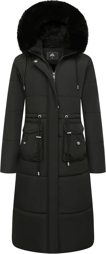 MOERDENG Women's Long Winter Puffer Coat Waterproof Warm Maxi Down Jacket Faux Fur Removable Hood Parka