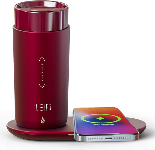 Temperature Control Heated Coffee Mug Smart Self Heating Travel Mug 12 Oz App Controlled Warmer Mug 4-10 Hour LED Display Keep Coffee Hot All Day Fast Wireless Charger Base Rogue red