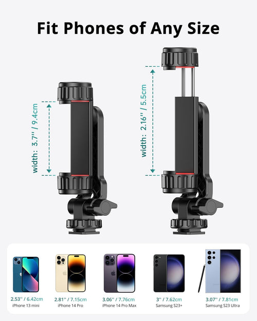 ATUMTEK Phone Tripod Mount, Universal Smartphone Mount Adapter with 2 Cold Shoe and 1/4" Standard Screw, 360° Rotates and 180° Tilts Adjustable Cell Phone Clamp Holder for Perfect Mobile Photography
