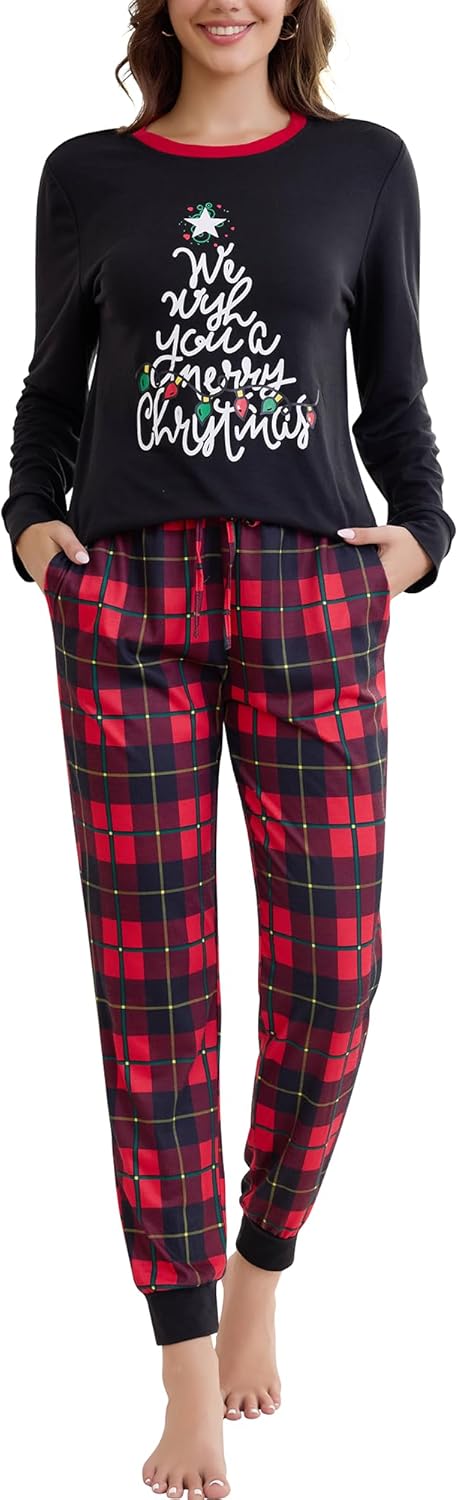 difficort Womens Christmas Pajamas Long Sleeve Pj Set Soft Plaid Pants Sleepwear with Pockets