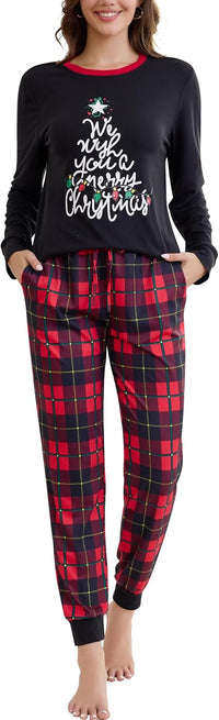 difficort Womens Christmas Pajamas Long Sleeve Pj Set Soft Plaid Pants Sleepwear with Pockets