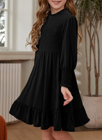 Yoklass Girls Smocked Dress Casual Puff Long Sleeve Ruffle Neck Dresses 4-13 Years