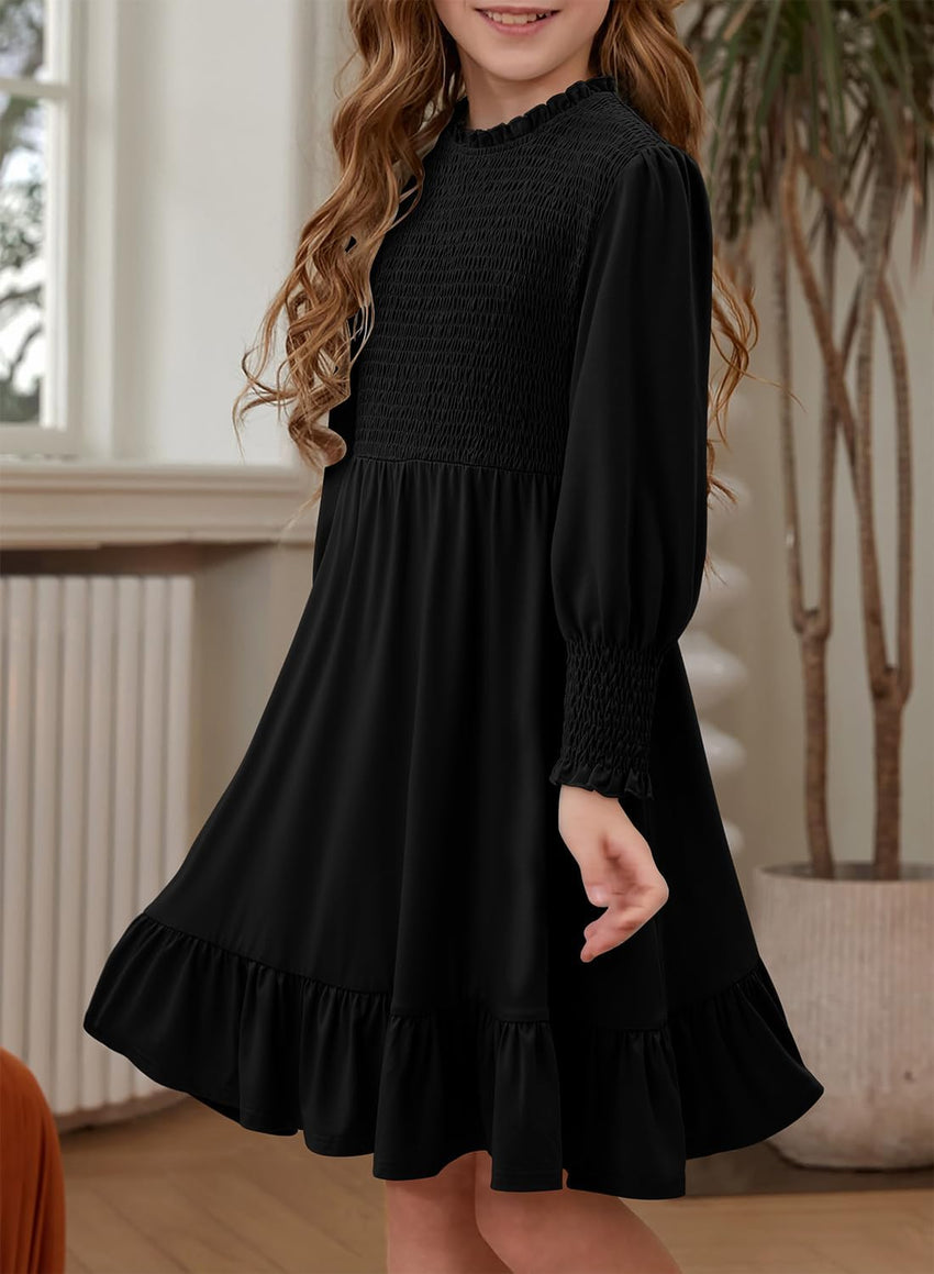 Yoklass Girls Smocked Dress Casual Puff Long Sleeve Ruffle Neck Dresses 4-13 Years