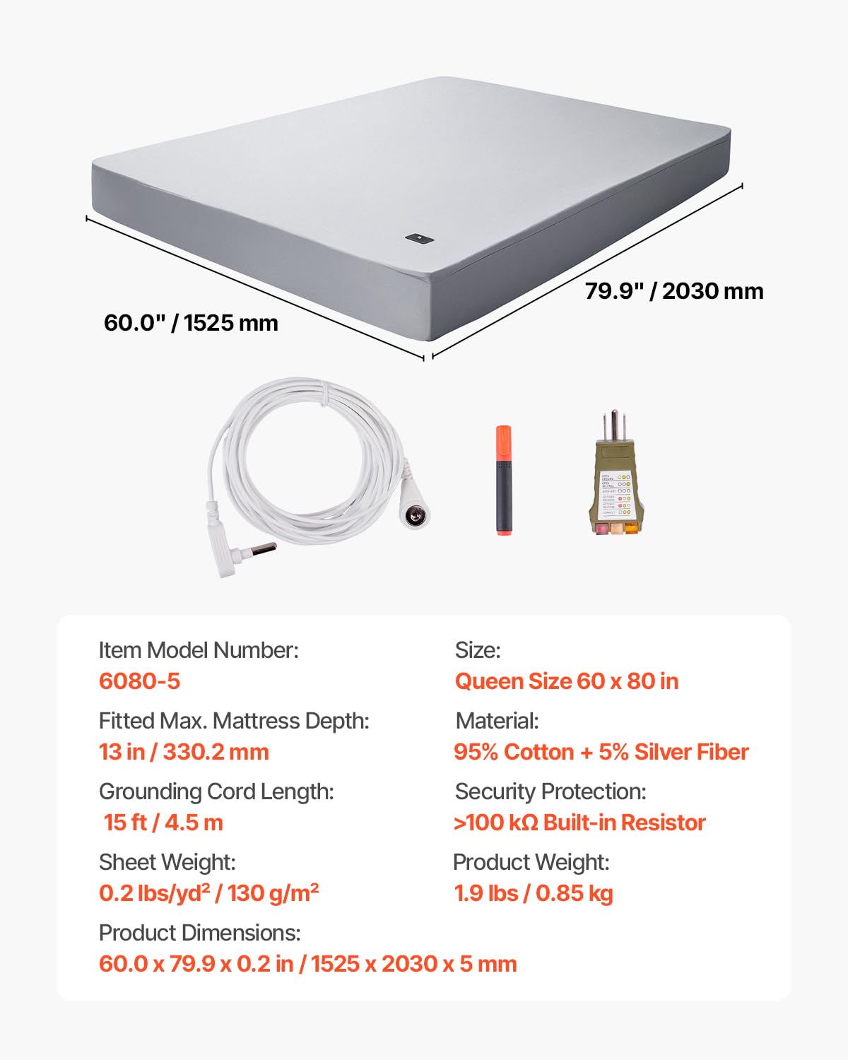 VEVOR Grounding Sheets, Queen Size, 95% Cotton + 5% Pure Silver Fiber, Earth Grounded Fitted Bed Sheets, with Grounding Cord & Tester, for Improved Sleep & Wellness (Gray, Queen - 60 x 80 x 13 in)