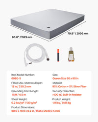 VEVOR Grounding Sheets, Queen Size, 95% Cotton + 5% Pure Silver Fiber, Earth Grounded Fitted Bed Sheets, with Grounding Cord & Tester, for Improved Sleep & Wellness (Gray, Queen - 60 x 80 x 13 in)