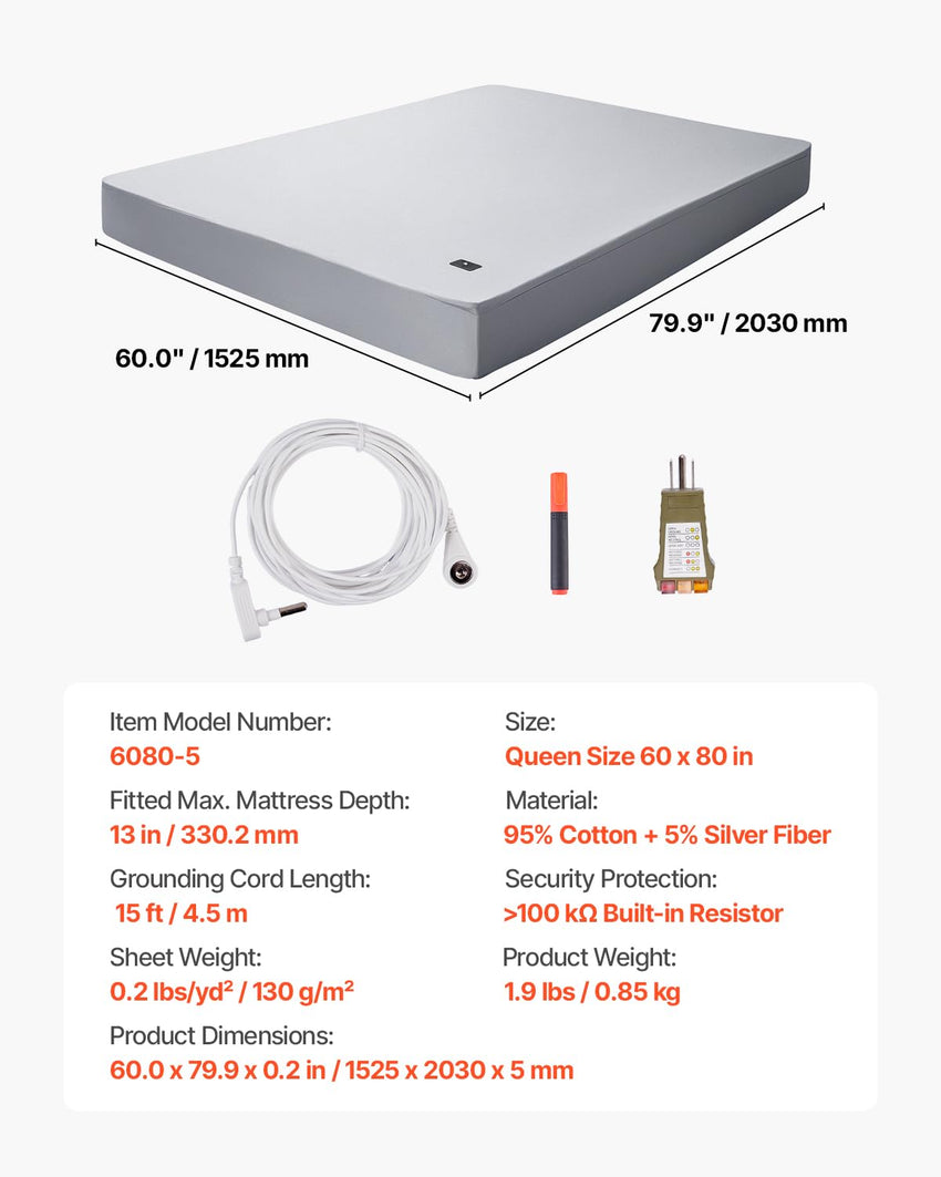 VEVOR Grounding Sheets, Queen Size, 95% Cotton + 5% Pure Silver Fiber, Earth Grounded Fitted Bed Sheets, with Grounding Cord & Tester, for Improved Sleep & Wellness (Gray, Queen - 60 x 80 x 13 in)