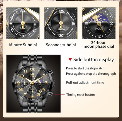 OLEVS Watches Men Luxury Chronograph Moon Phase Waterproof Luminous Watches for Men Analog Quartz Calendar Stainless Steel Strap Wrist Watches-(Black/Blue/Gold/Grey/Silver Face)