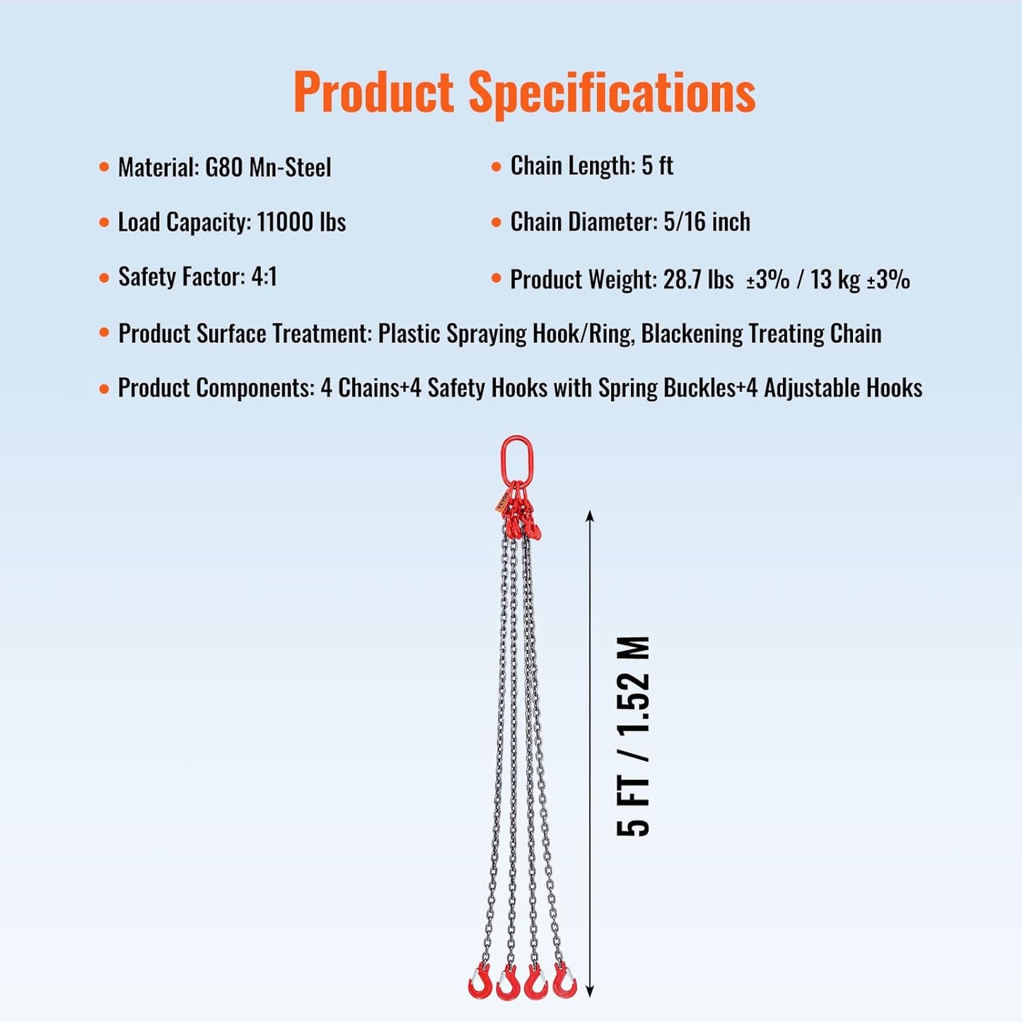 VEVOR Chain Sling, 5/16 Inch X 5 Ft Lifting Chains with Hooks, G80 Engine Chain Hoist Lifts, 11000LBS Lifting Sling Chains for Engine Hoist, Engine Lift Chain 5T with 4 Leg Grab Hooks and Adjusters