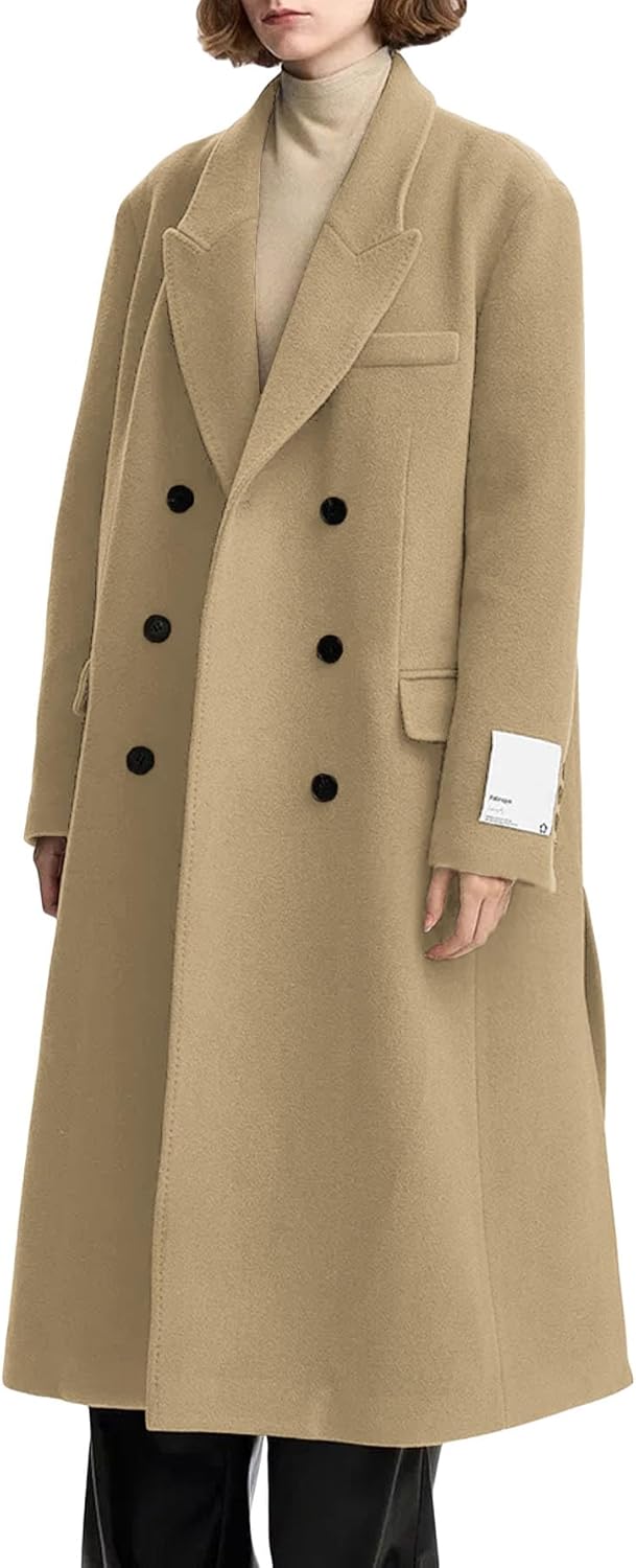 Mina Self Long Wool Coat Women 2025 Fall Winter Notch Lapel Double Breasted Full-Lined Business Casual with Pockets Pea Coats