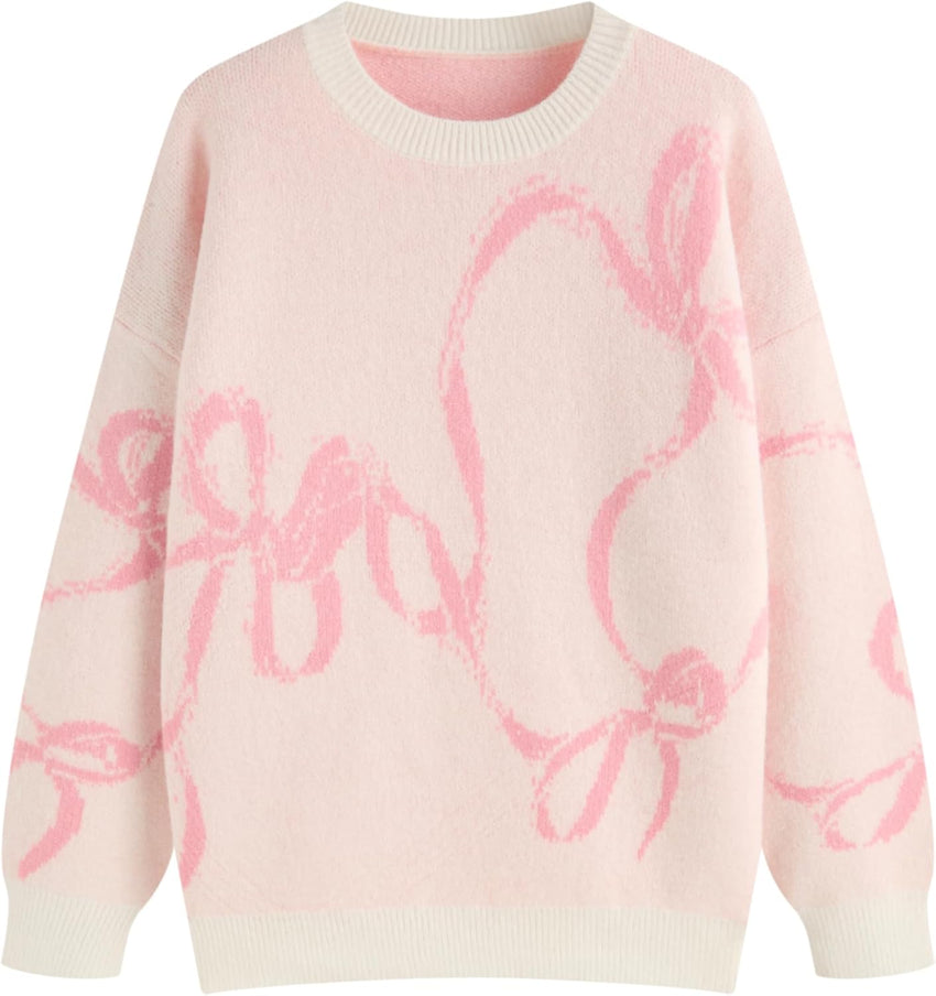 CIDER Womens Sweater Bow Knot Cute Y2k Long Sleeve Crew Neck Pullover Tops