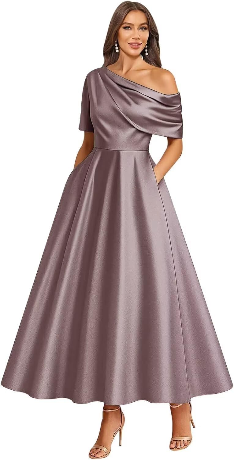 Tea Length Mother of Bride Dresses for Women Satin One Shoulder Wedding Guest Dress Formal Evening Party Gown with Pocket