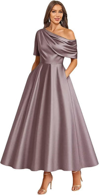 Tea Length Mother of Bride Dresses for Women Satin One Shoulder Wedding Guest Dress Formal Evening Party Gown with Pocket