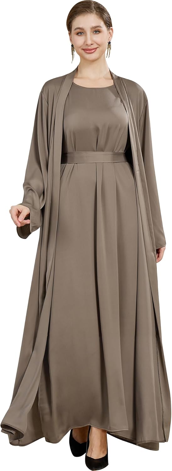 2PCS Muslim Abaya Women Islamic Dress with Belted Prayer Covered Eid Clothes