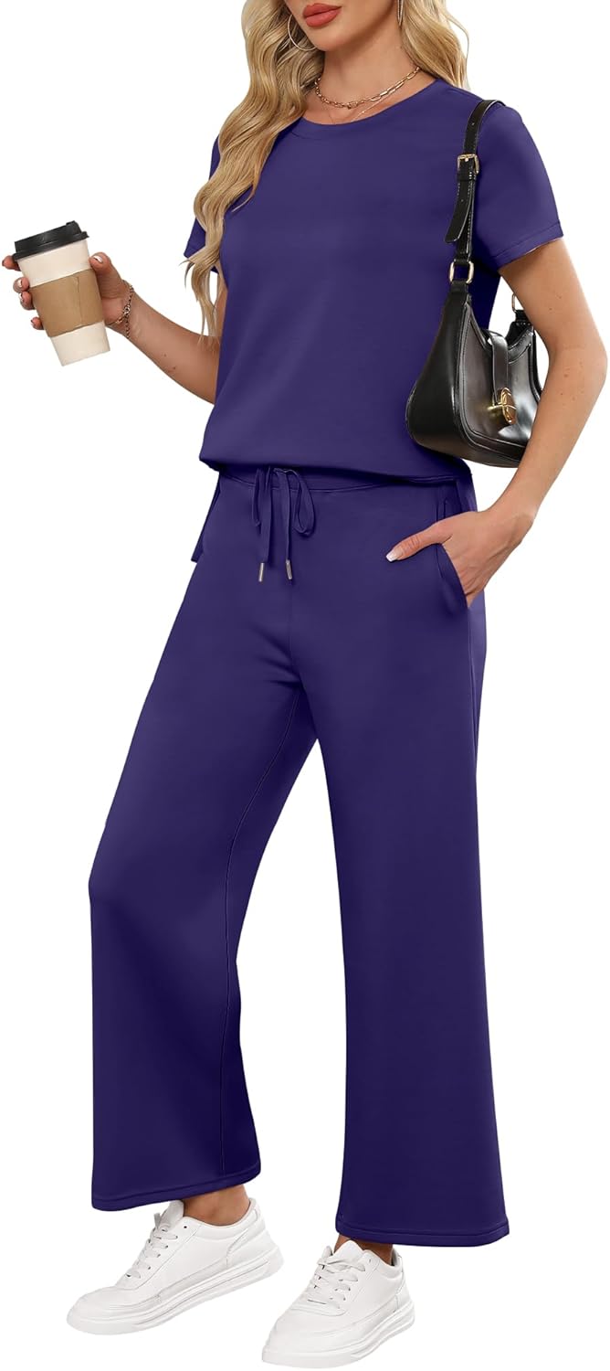 ANRABESS Women 2 Piece Lounge Sets Summer Travel Sweat Outfits Short Sleeve Wide Leg Casual Matching Tracksuits Clothes