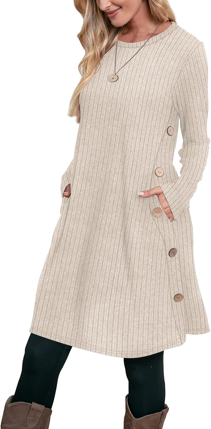 OFEEFAN Fall and Winter Tunic Dress with Pockets Long Sleeve Crew Neck Buttons Side