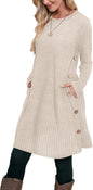 OFEEFAN Fall and Winter Tunic Dress with Pockets Long Sleeve Crew Neck Buttons Side