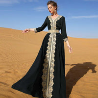 PolyJolly Gold Applique Abaya Dress for Women Dubai Sadui Fancy Moroccan Arabic Jalabiya Eid Collection