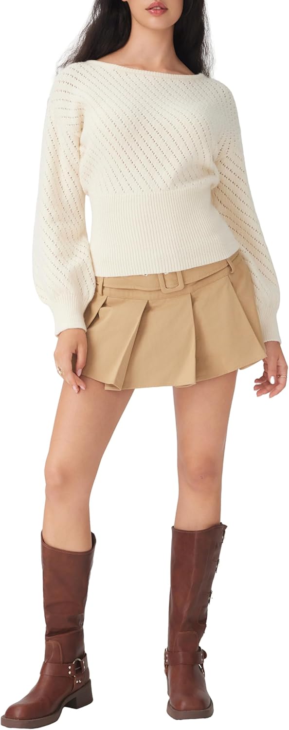 CIDER Women's Sweater Boat Neck Knit Sweater Balloon Sleeve for Women Knit Tops 2025 Fall