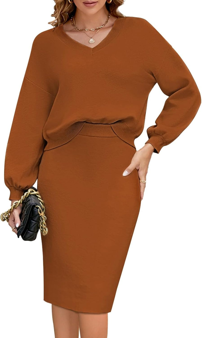 Pink Queen Women's 2 Piece Outfits Set Knit V Neck Batwing Long Sleeve Loose Top Bodycon Midi Skirt Sweater Dresses