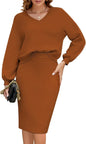 Pink Queen Women's 2 Piece Outfits Set Knit V Neck Batwing Long Sleeve Loose Top Bodycon Midi Skirt Sweater Dresses