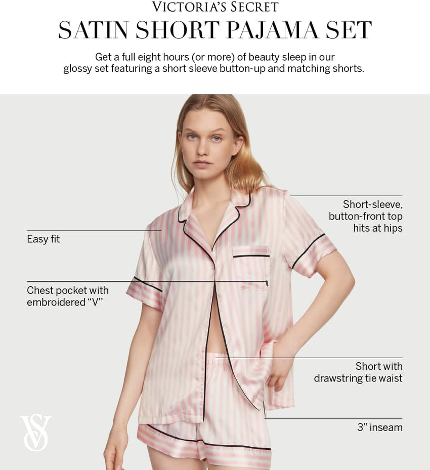 Victoria's Secret Satin Pajama Set, Short Sleeve Button Down Shirt & Shorts, Sleepwear for Women (XS-XXL)