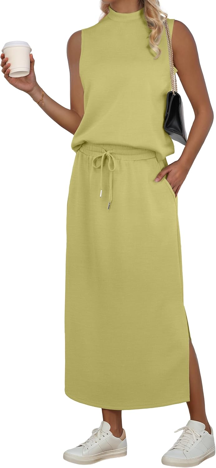GRECERELLE Two Piece Skirt Sets for Women Summer Outfits with Pockets Lounge Sets Mock Neck Tops Split Maxi Skirt