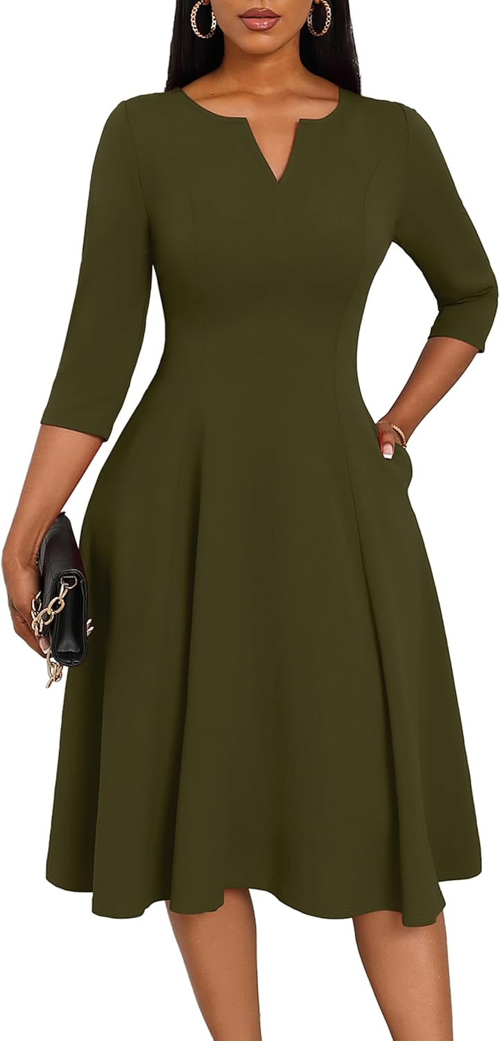 Nmoder Midi Dresses for Women A-Line Fit and Flare Dress 3/4 Sleeve V Neck Cocktail Wedding Guest Work Dress with Pockets